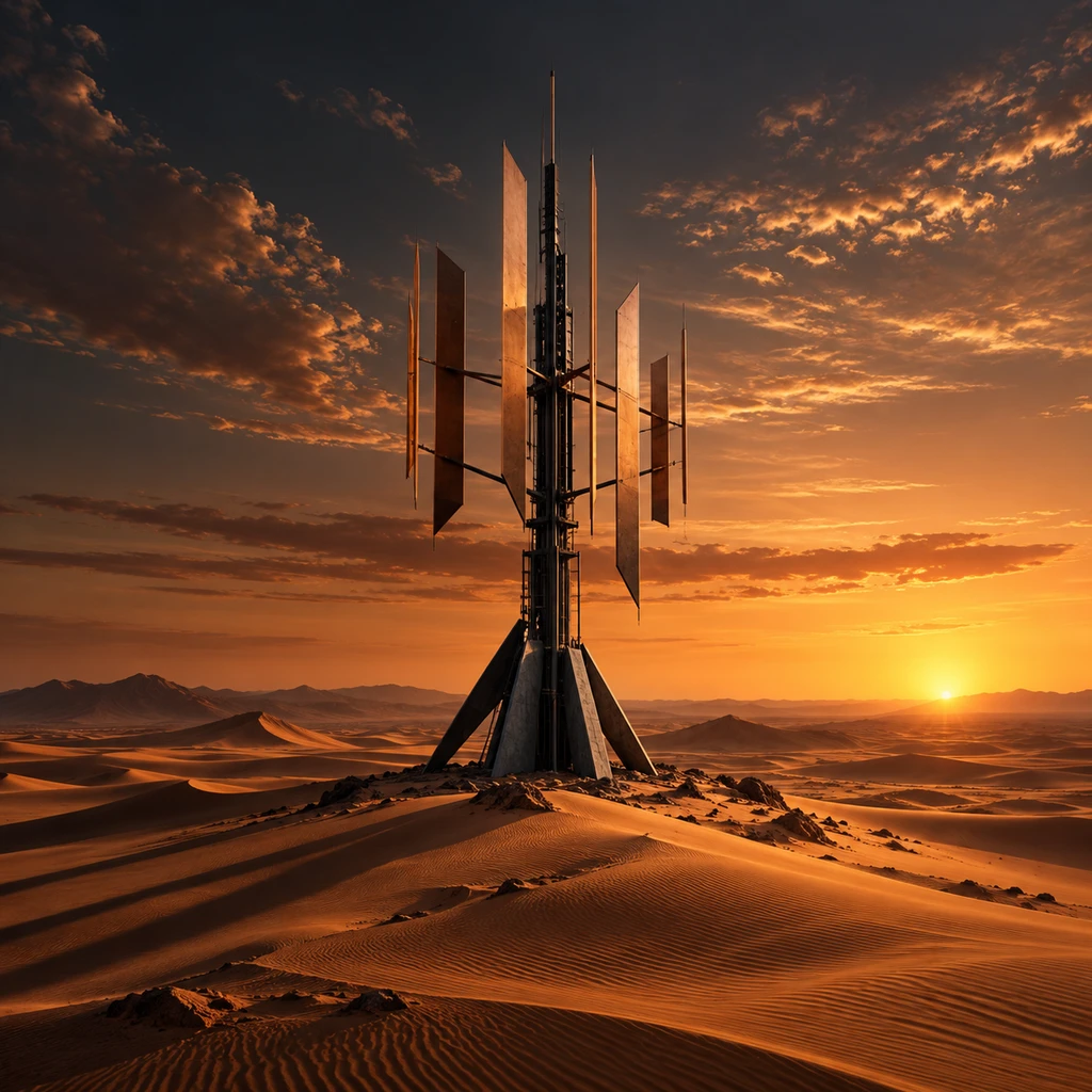 A copper-finned radio antenna standing on amber desert dunes