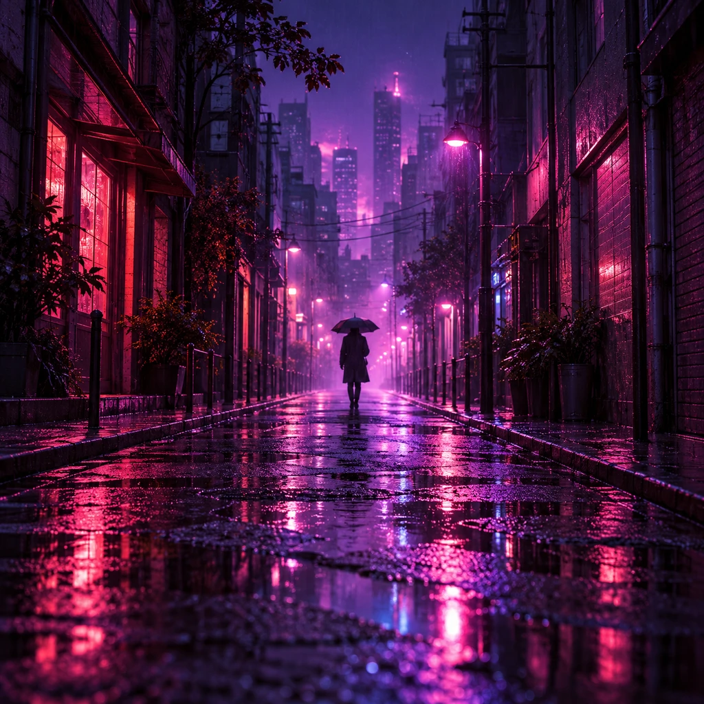 A rain-soaked violet city street with a distant umbrella silhouette