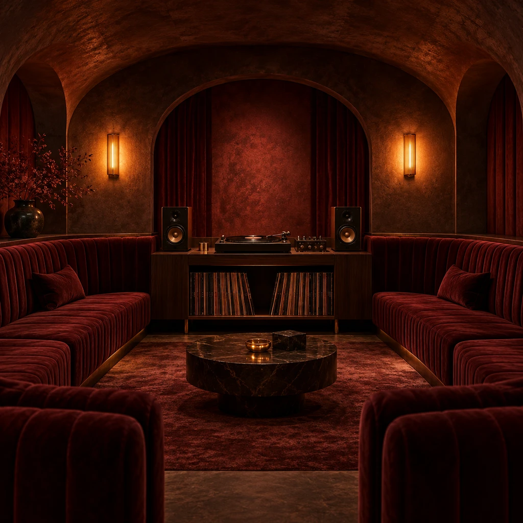 An intimate burgundy listening room with velvet seats and warm lamps