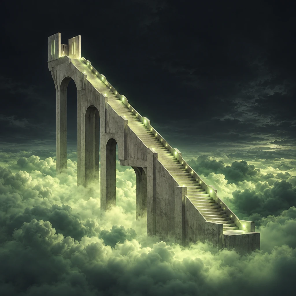 An ivory staircase floating above green clouds beneath a dark sky