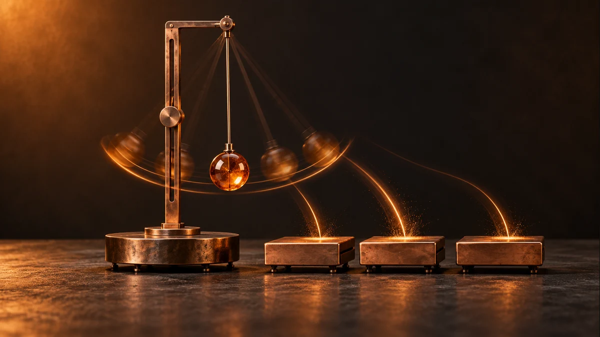 A copper pendulum and three percussion blocks with amber motion trails