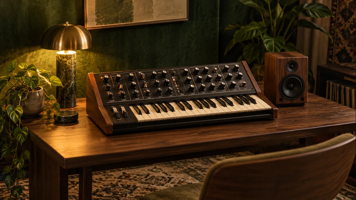 An analog keyboard and wooden speaker in a warmly lit olive listening room